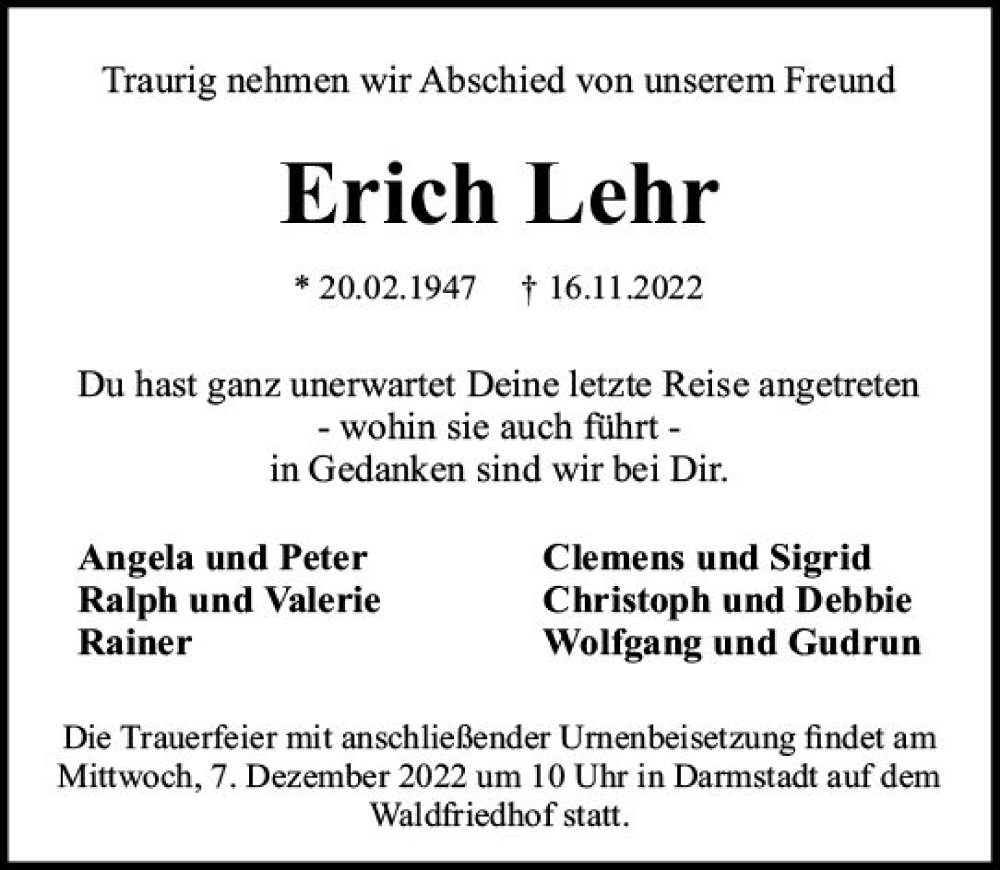  Traueranzeige für Erich Lehr vom 03.12.2022 aus vrm-trauer Darmstädter Echo