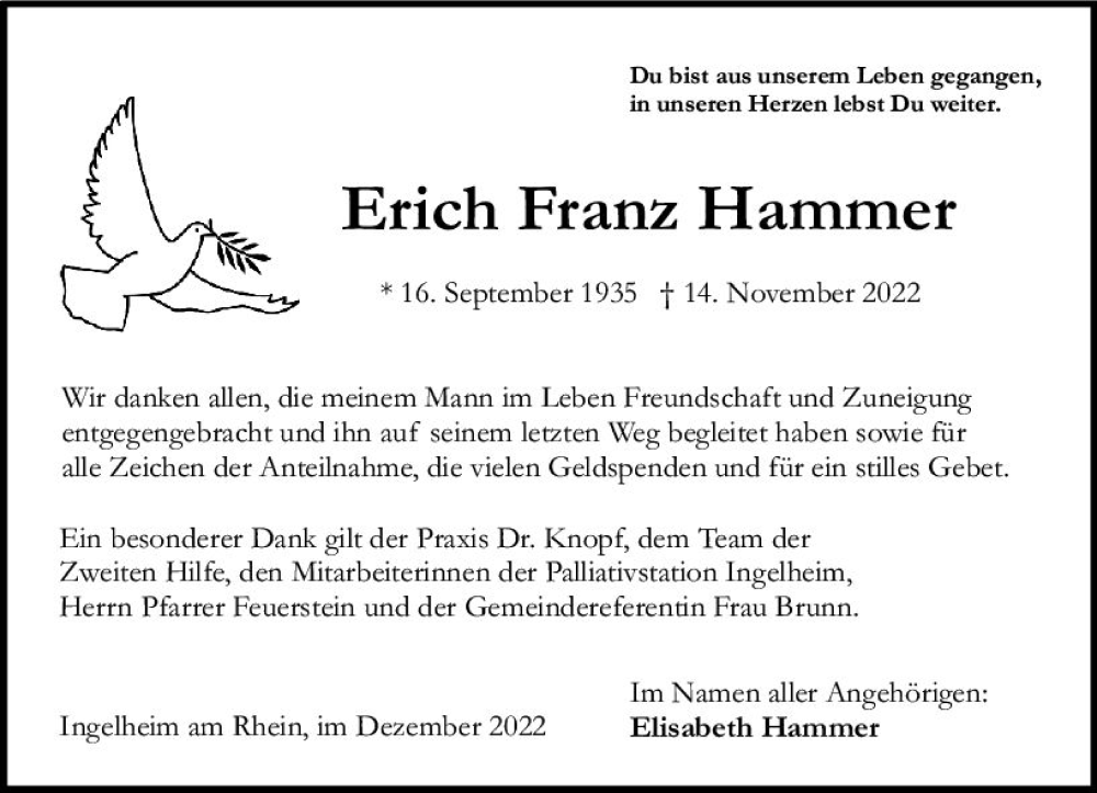  Traueranzeige für Erich Franz Hammer vom 17.12.2022 aus vrm-trauer Allgemeine  Zeitung Ingelheim-Bingen