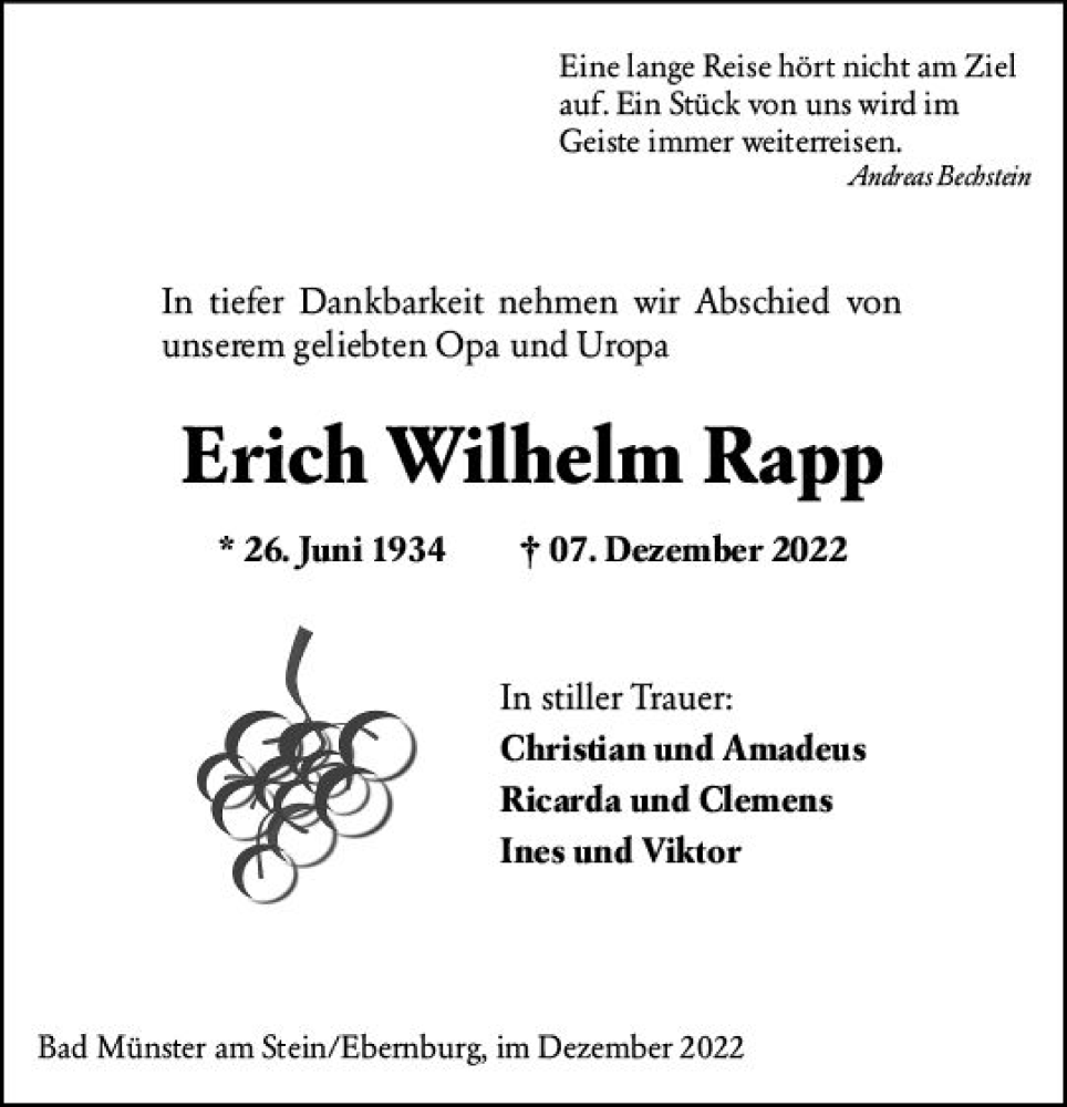  Traueranzeige für Erich Wilhelm Rapp vom 12.12.2022 aus vrm-trauer Allg. Zeitung Bad Kreuznach