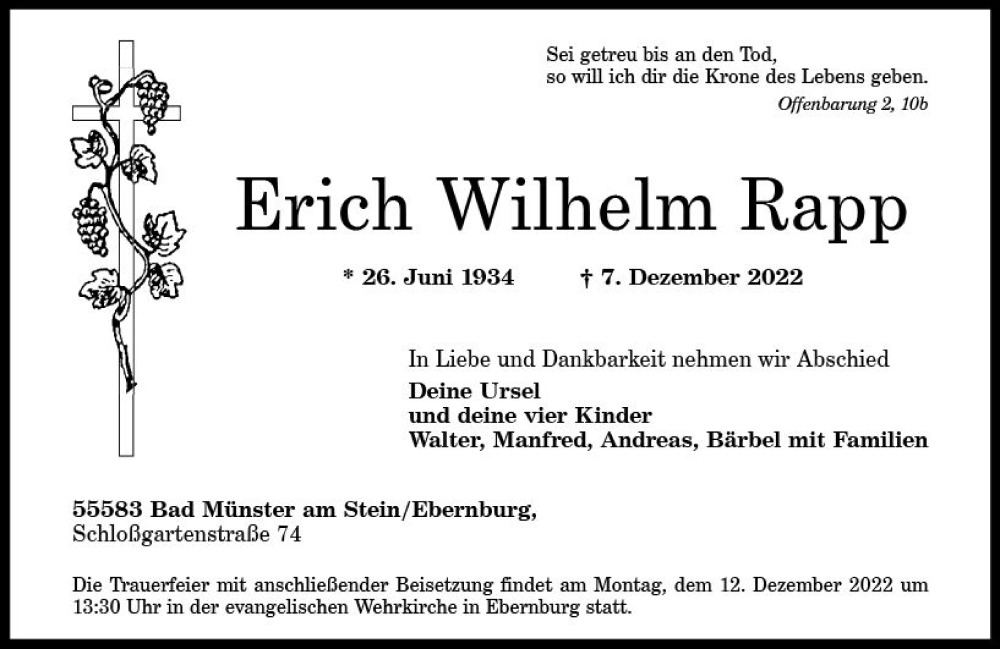  Traueranzeige für Erich Wilhelm Rapp vom 10.12.2022 aus vrm-trauer Allg. Zeitung Bad Kreuznach