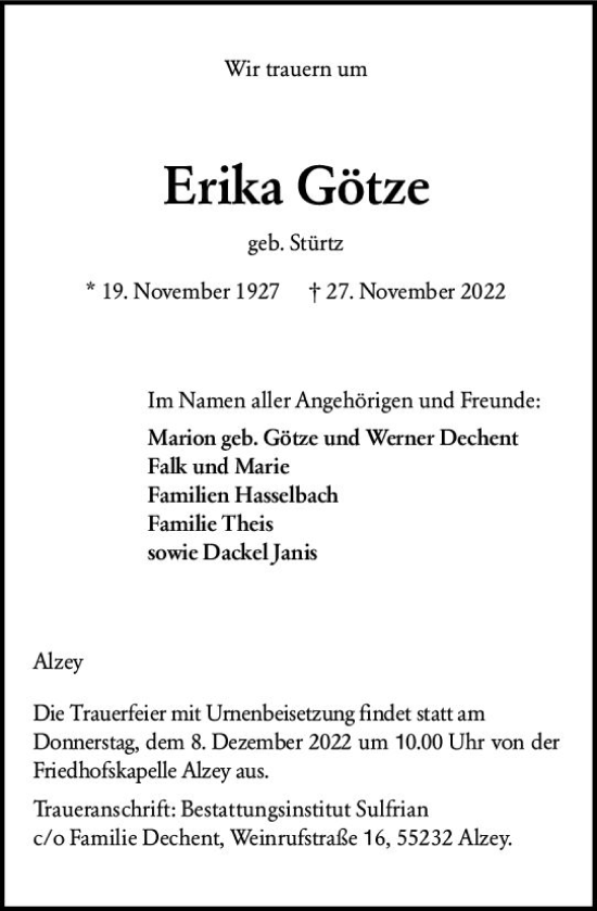 Traueranzeige von Erika Götze von vrm-trauer Allgemeine Zeitung Alzey