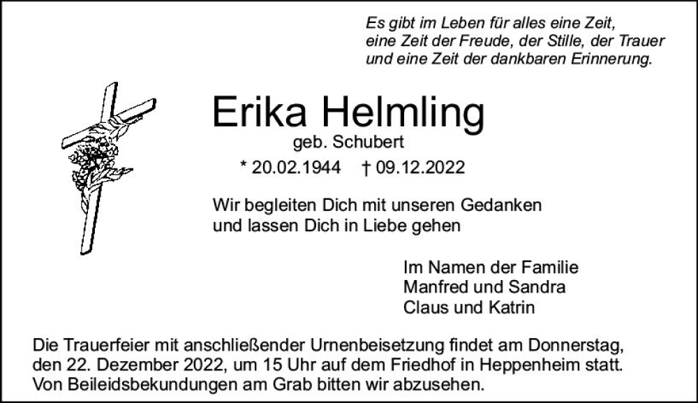  Traueranzeige für Erika Helmling vom 17.12.2022 aus vrm-trauer Bürstädter/Lamperth. Ztg/Starkenburger