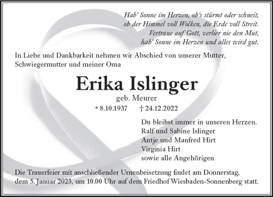 Traueranzeige von Erika Islinger von vrm-trauer Wiesbadener Kurier