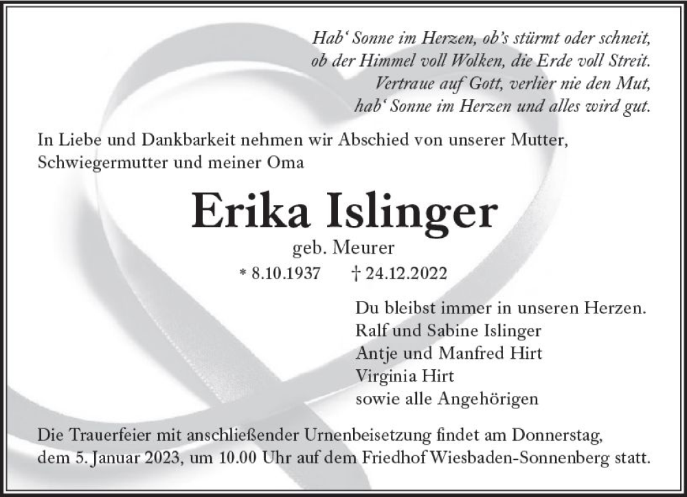  Traueranzeige für Erika Islinger vom 31.12.2022 aus vrm-trauer Wiesbadener Kurier