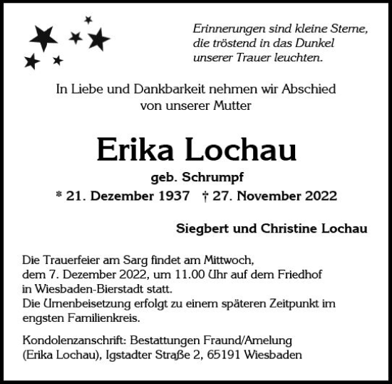 Traueranzeige von Erika Lochau von vrm-trauer Wiesbadener Kurier
