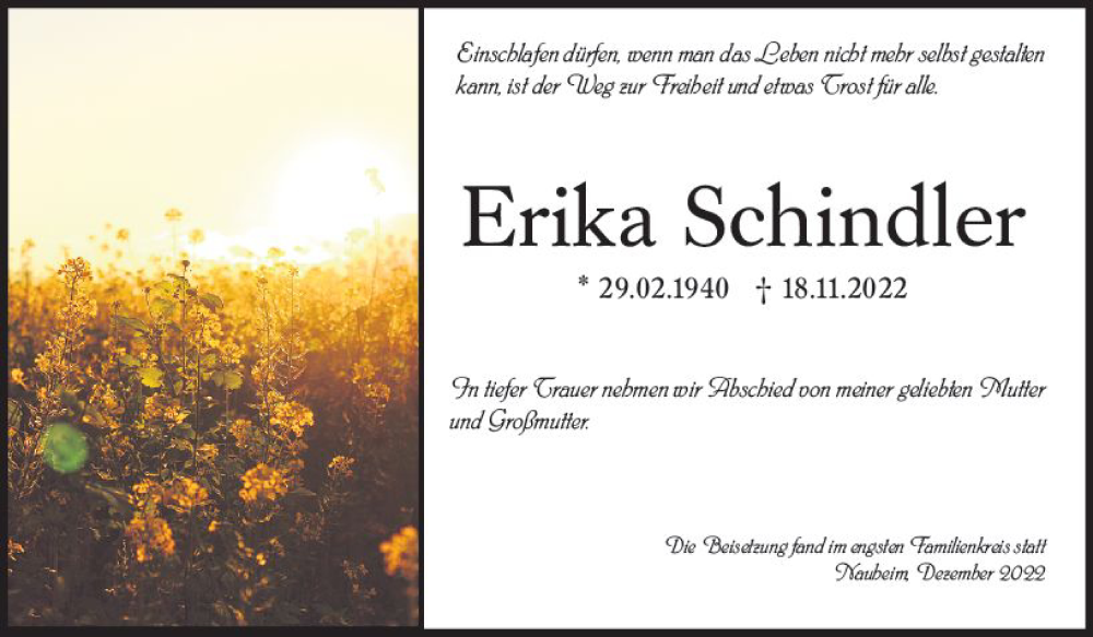  Traueranzeige für Erika Schindler vom 10.12.2022 aus vrm-trauer Rüsselsheimer Echo / MainSpitze