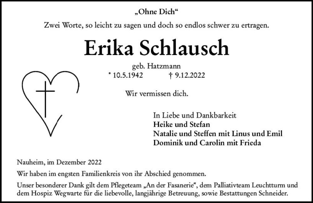  Traueranzeige für Erika Schlausch vom 17.12.2022 aus vrm-trauer Groß-Gerauer Echo