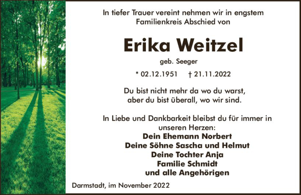  Traueranzeige für Erika Weitzel vom 03.12.2022 aus vrm-trauer Darmstädter Echo