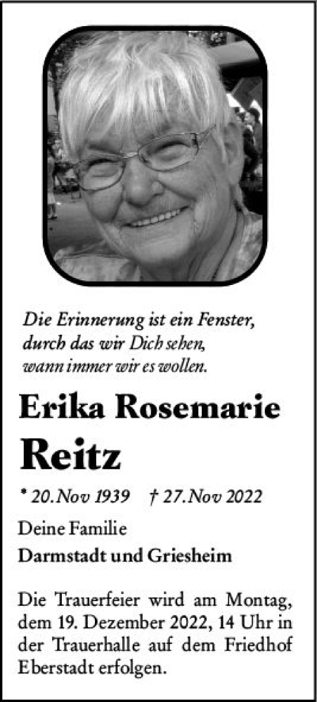 Traueranzeige von Erika Rosemarie Reitz von vrm-trauer Darmstädter Echo