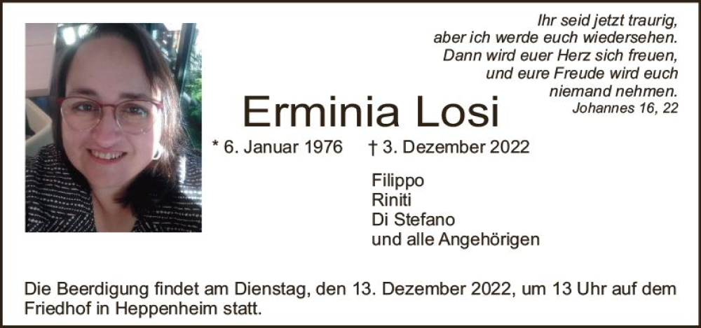  Traueranzeige für Erminia Losi vom 10.12.2022 aus vrm-trauer Bürstädter/Lamperth. Ztg/Starkenburger