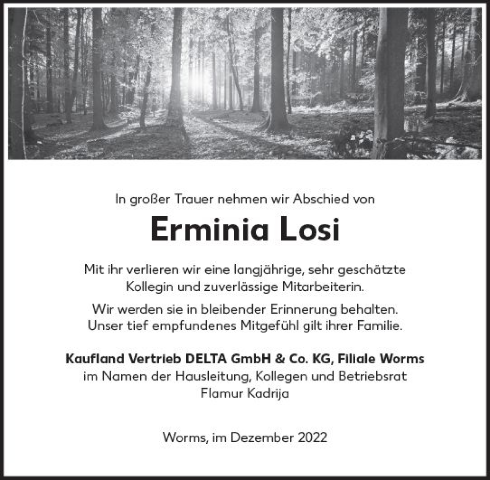  Traueranzeige für Erminia Losi vom 15.12.2022 aus vrm-trauer Bürstädter/Lamperth. Ztg/Starkenburger