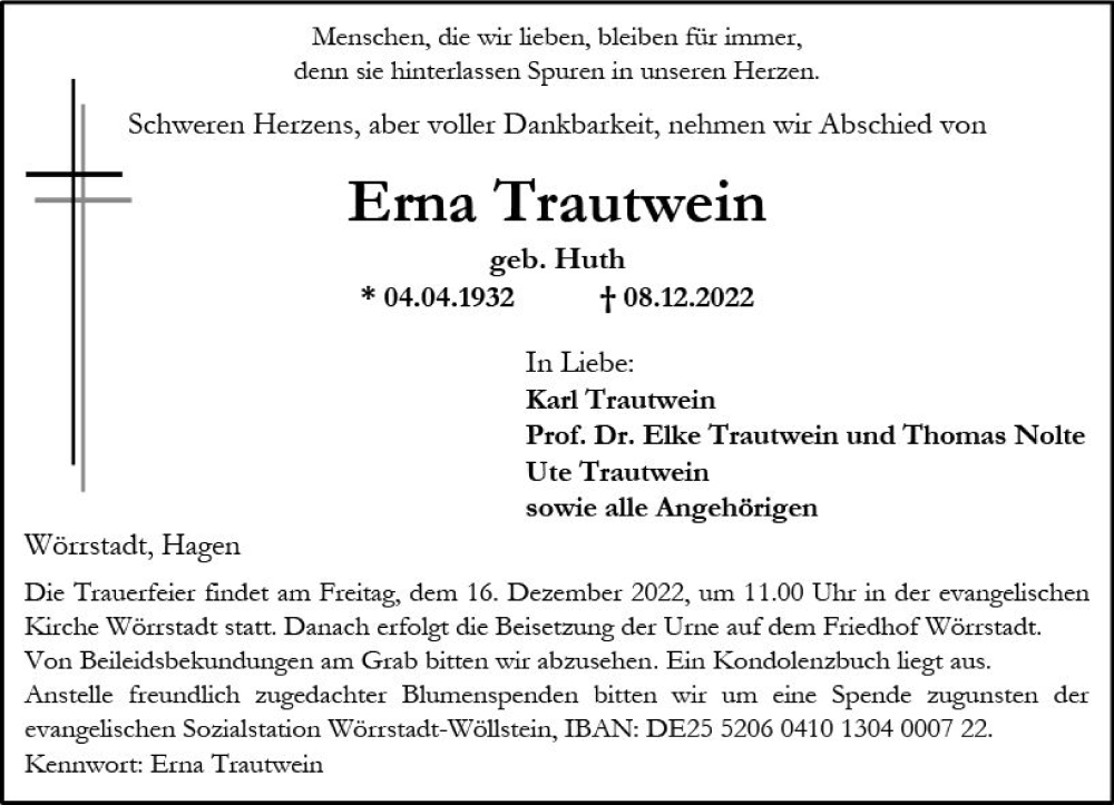  Traueranzeige für Erna Trautwein vom 13.12.2022 aus vrm-trauer Allgemeine Zeitung Alzey