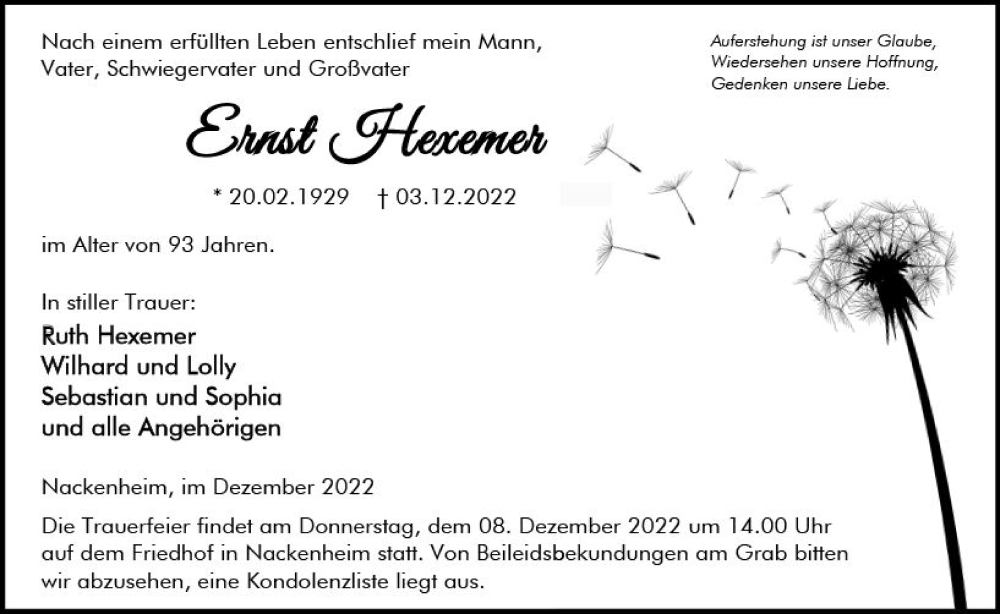  Traueranzeige für Ernst Hexemer vom 06.12.2022 aus vrm-trauer AZ Mainz