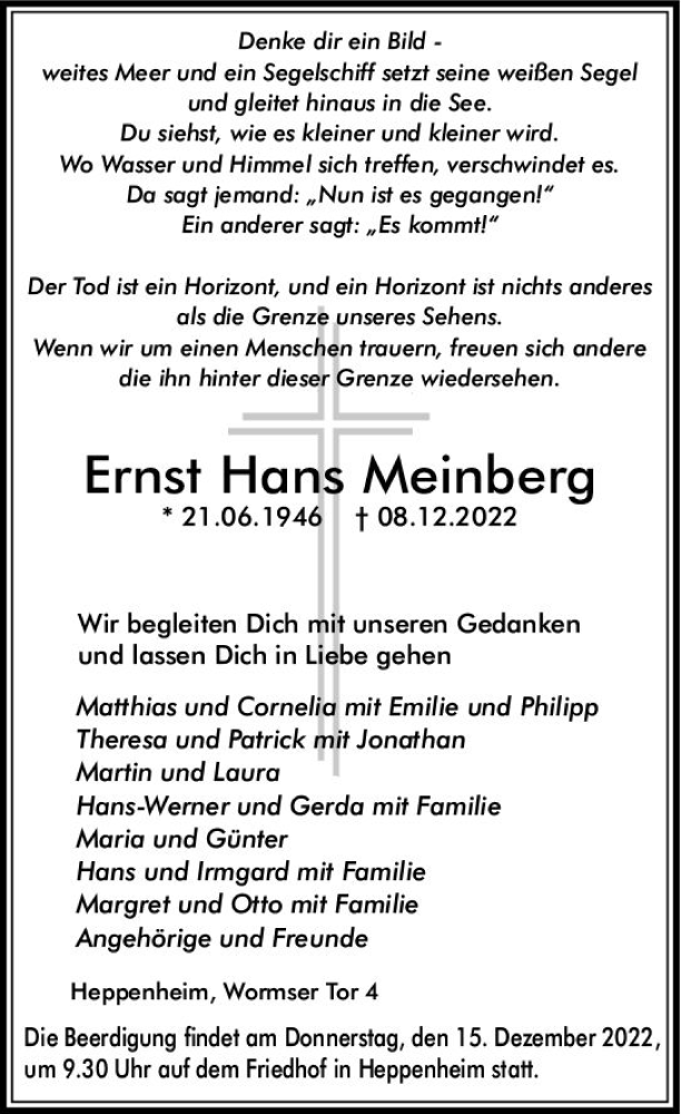  Traueranzeige für Ernst Hans Meinberg vom 10.12.2022 aus vrm-trauer Bürstädter/Lamperth. Ztg/Starkenburger