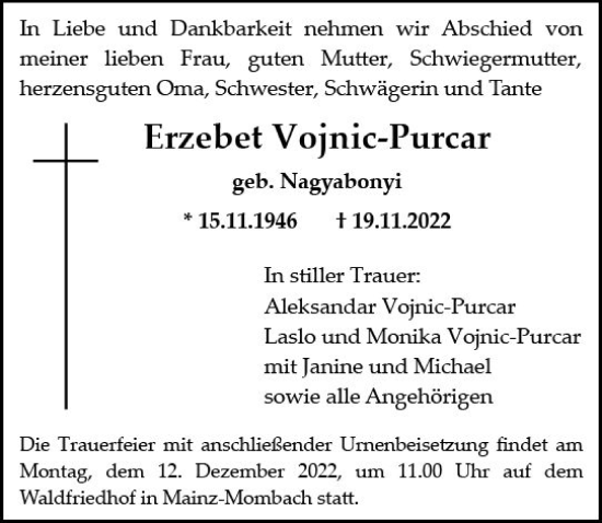 Traueranzeige von Erzebet Vojnic-Purcar von vrm-trauer AZ Mainz