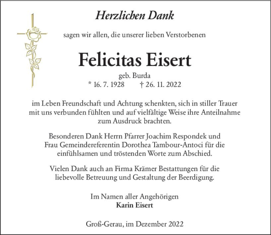 Traueranzeige von Felicitas Eisert von vrm-trauer Groß-Gerauer Echo