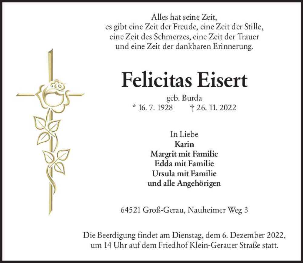  Traueranzeige für Felicitas Eisert vom 03.12.2022 aus vrm-trauer Groß-Gerauer Echo