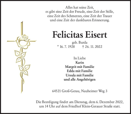 Traueranzeige von Felicitas Eisert von vrm-trauer Groß-Gerauer Echo