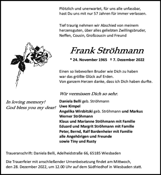 Traueranzeige von Frank Ströhmann von vrm-trauer Wiesbadener Kurier