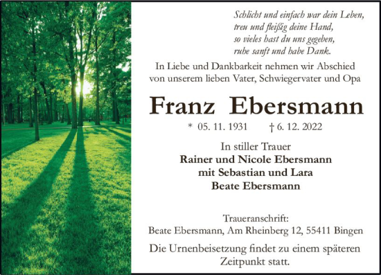 Traueranzeige von Franz Ebersmann von vrm-trauer Allgemeine  Zeitung Ingelheim-Bingen