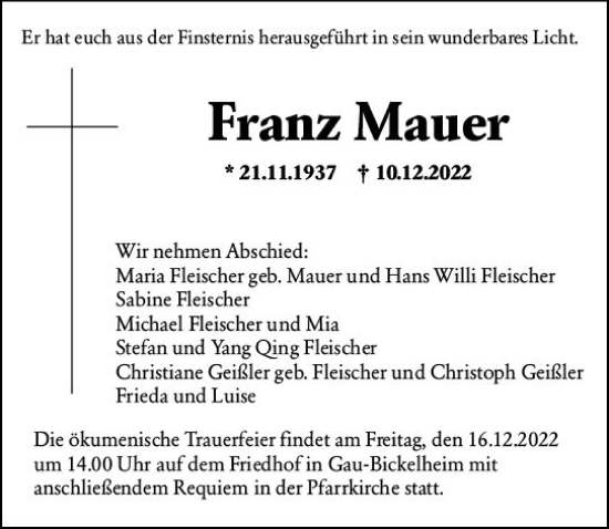 Traueranzeige von Franz Mauer von vrm-trauer Allgemeine Zeitung Alzey