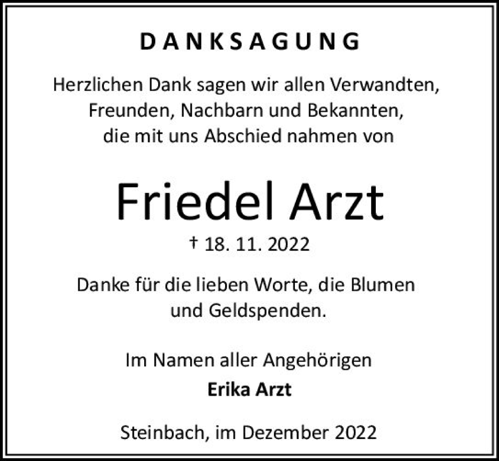  Traueranzeige für Friedel Arzt vom 17.12.2022 aus vrm-trauer Odenwälder Echo