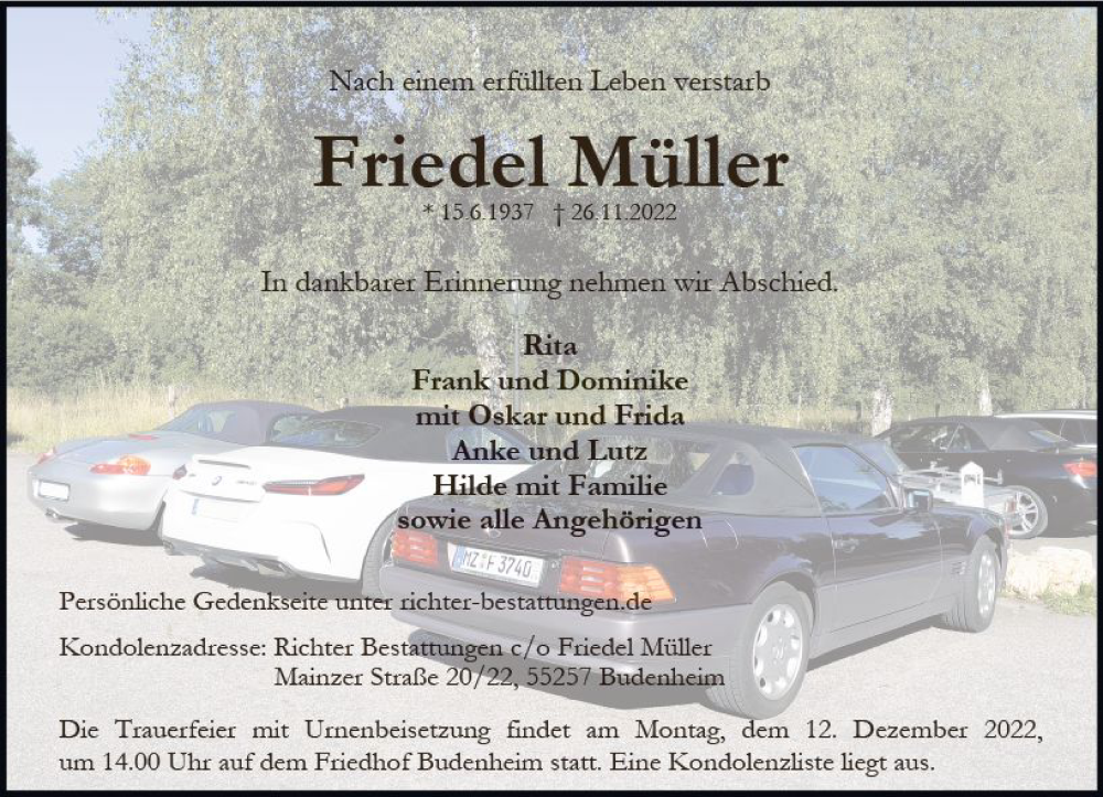  Traueranzeige für Friedel Müller vom 03.12.2022 aus vrm-trauer AZ Mainz