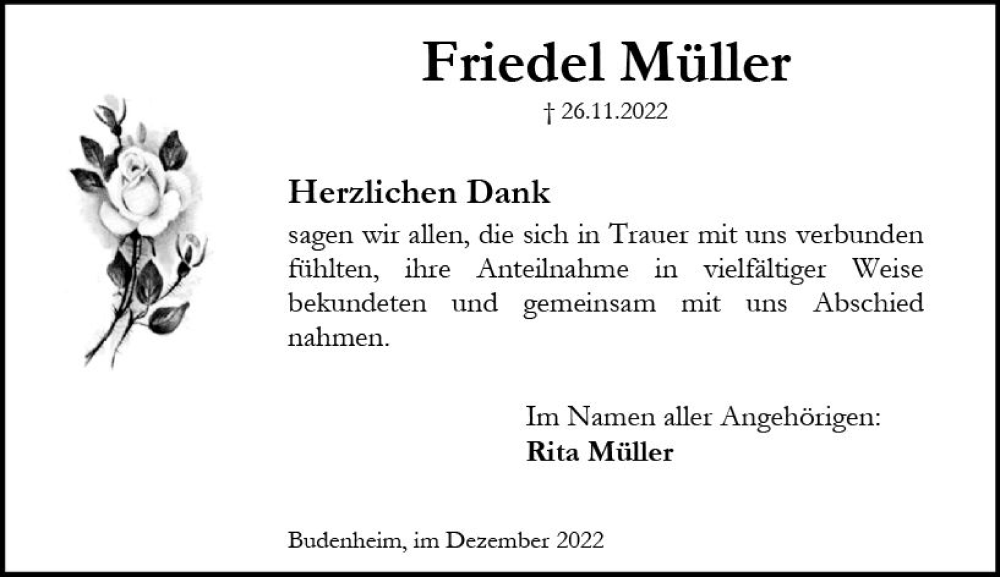  Traueranzeige für Friedel Müller vom 24.12.2022 aus vrm-trauer AZ Mainz