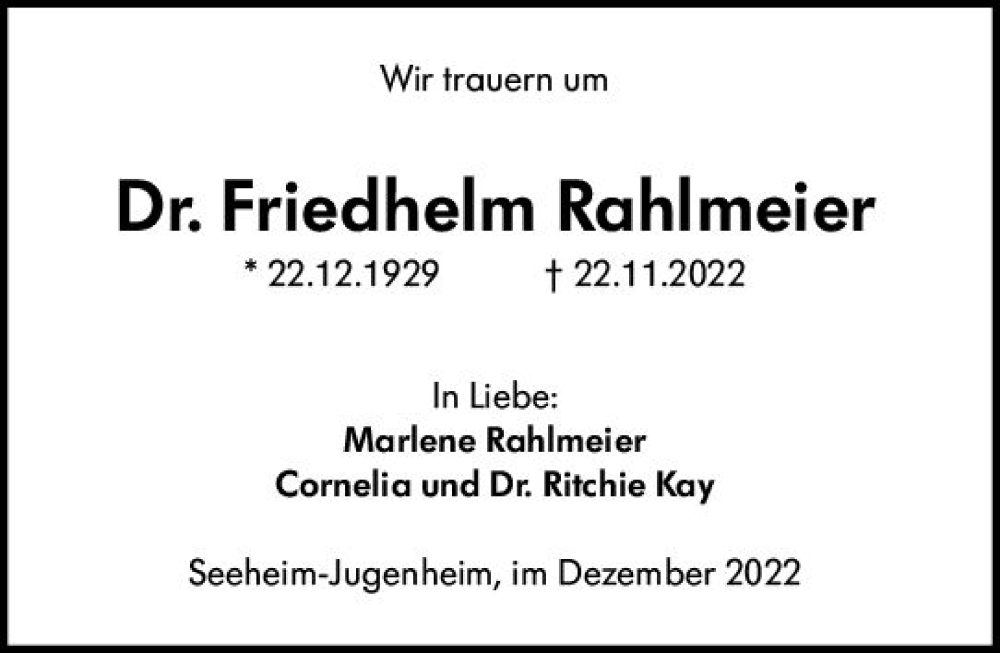  Traueranzeige für Friedhelm Rahlmeier vom 03.12.2022 aus vrm-trauer Darmstädter Echo