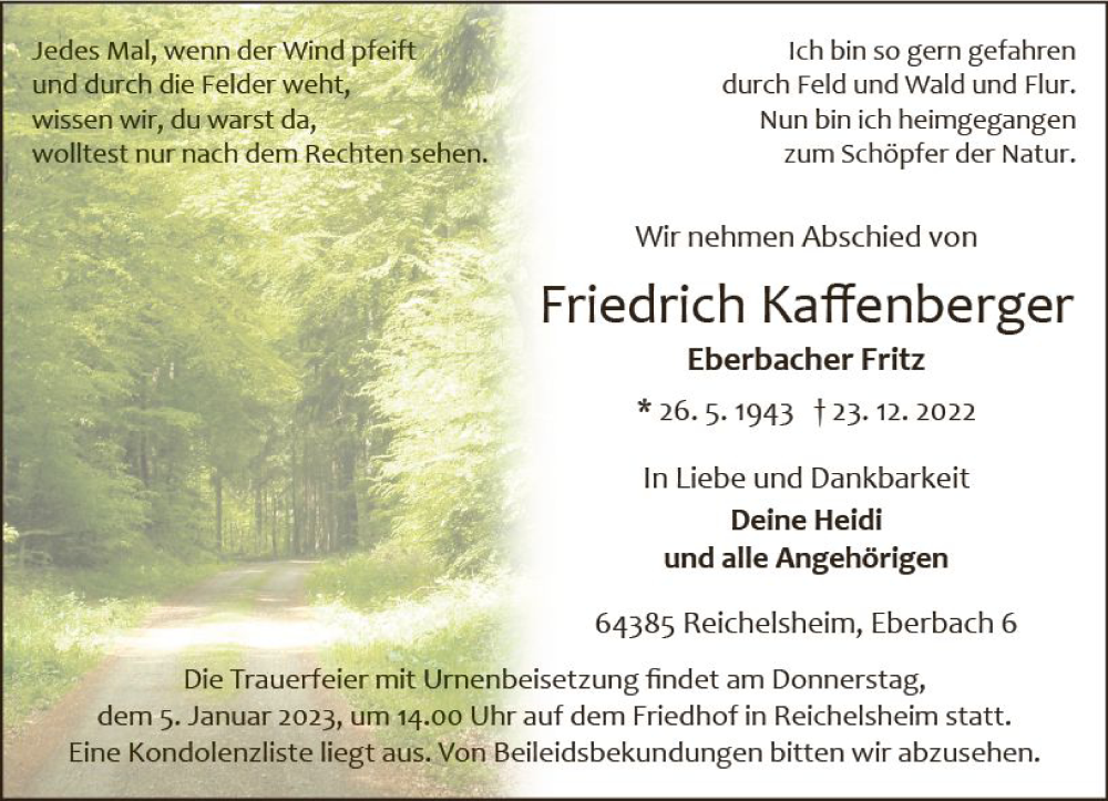  Traueranzeige für Friedrich Kaffenberger vom 31.12.2022 aus vrm-trauer Odenwälder Echo