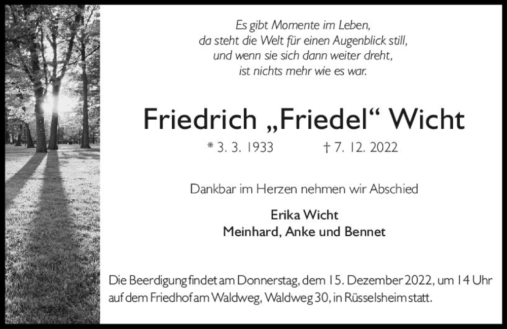  Traueranzeige für Friedrich Wicht vom 10.12.2022 aus vrm-trauer Rüsselsheimer Echo / MainSpitze