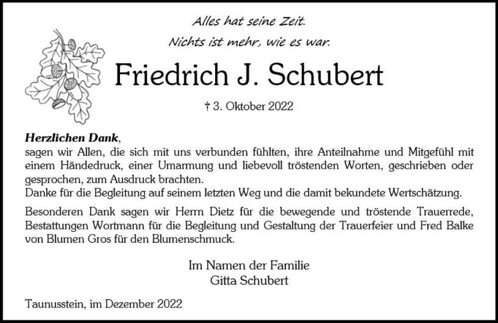 Traueranzeige für Friedrich J. Schubert vom 03.12.2022 aus vrm-trauer Wiesbadener Kurier