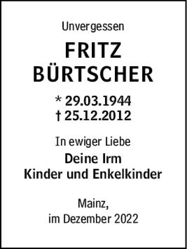  Traueranzeige für Fritz Bürtscher vom 24.12.2022 aus vrm-trauer AZ Mainz