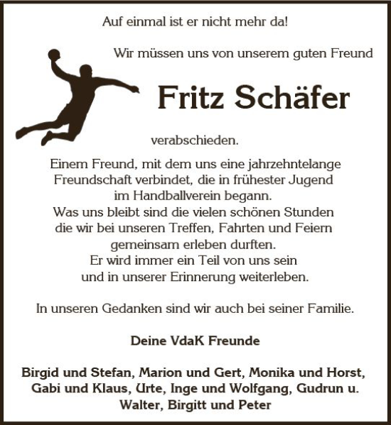 Traueranzeige von Fritz Schäfer von vrm-trauer Wiesbadener Kurier