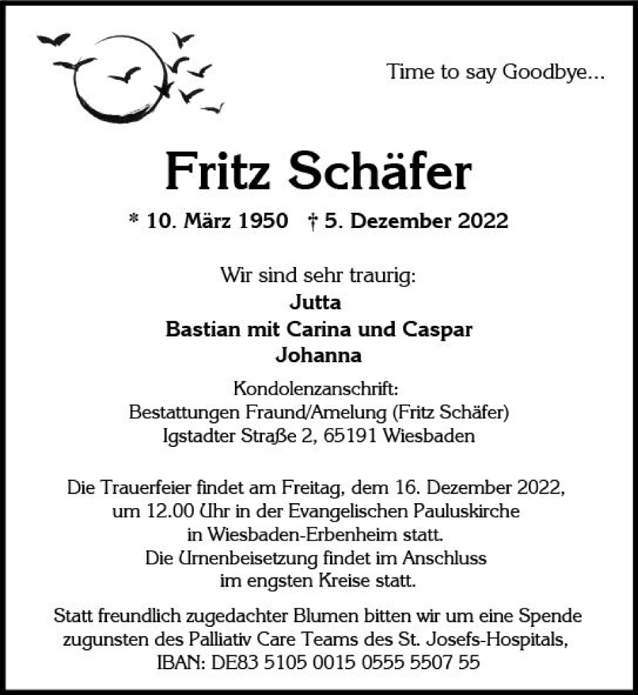  Traueranzeige für Fritz Schäfer vom 10.12.2022 aus vrm-trauer Wiesbadener Kurier