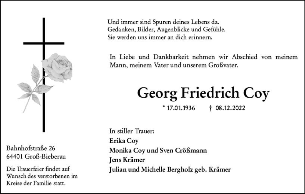  Traueranzeige für Georg Friedrich Coy vom 17.12.2022 aus vrm-trauer Odenwälder Echo