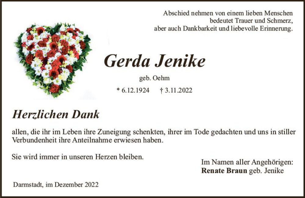  Traueranzeige für Gerda Jenike vom 03.12.2022 aus vrm-trauer Darmstädter Echo