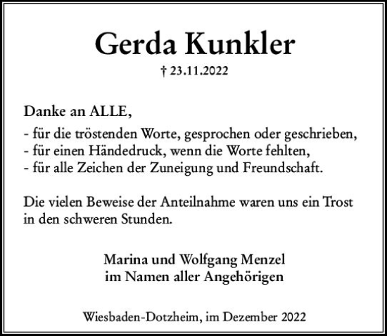 Traueranzeige von Gerda Kunkler von vrm-trauer Wiesbadener Kurier
