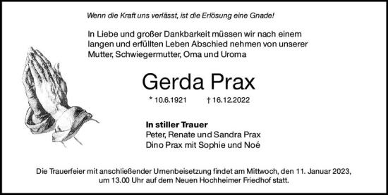 Traueranzeige von Gerda Prax von vrm-trauer Hochheimer Zeitung