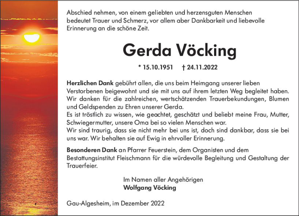  Traueranzeige für Gerda Vöcking vom 17.12.2022 aus vrm-trauer Allgemeine  Zeitung Ingelheim-Bingen