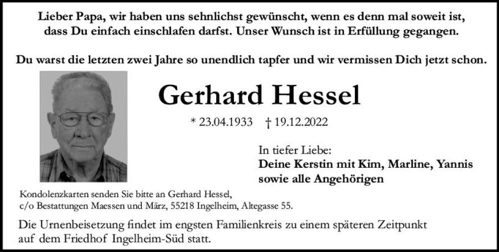  Traueranzeige für Gerhard Hessel vom 24.12.2022 aus vrm-trauer Allgemeine  Zeitung Ingelheim-Bingen