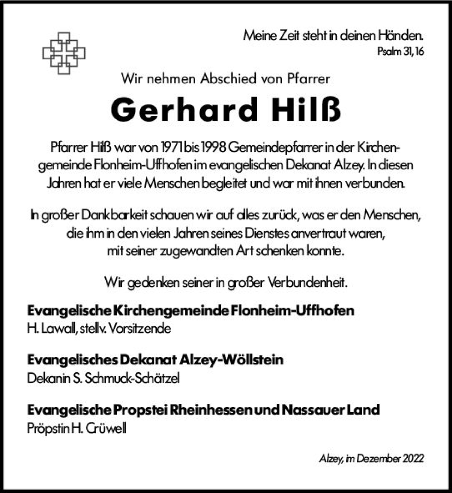  Traueranzeige für Gerhard Hilß vom 10.12.2022 aus vrm-trauer Allgemeine Zeitung Alzey