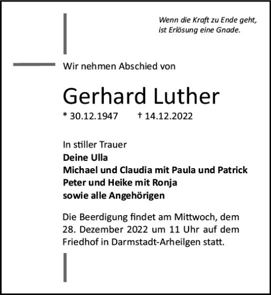 Traueranzeige von Gerhard Luther von vrm-trauer Darmstädter Echo