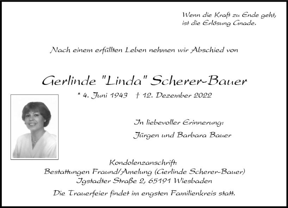  Traueranzeige für Gerlinde Scherer-Bauer vom 17.12.2022 aus vrm-trauer Wiesbadener Kurier
