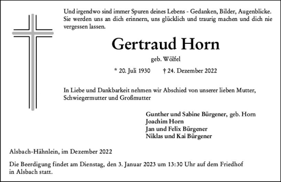 Traueranzeige von Gertraud Horn von vrm-trauer Darmstädter Echo