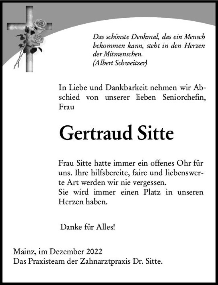  Traueranzeige für Gertraud Sitte vom 10.12.2022 aus vrm-trauer AZ Mainz