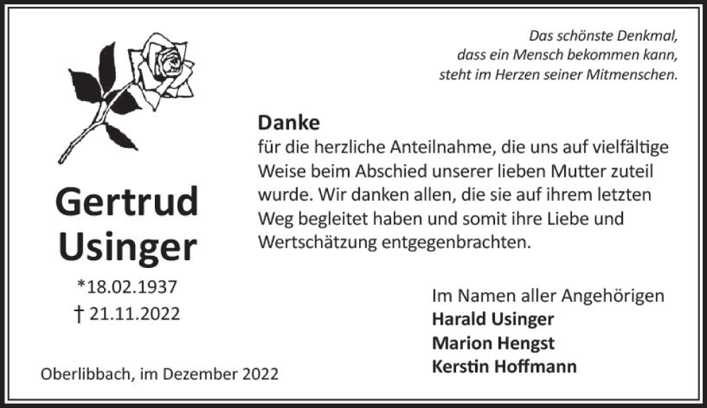  Traueranzeige für Gertrud Usinger vom 17.12.2022 aus vrm-trauer Wiesbadener Kurier