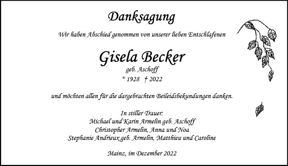  Traueranzeige für Gisela Becker vom 17.12.2022 aus vrm-trauer AZ Mainz