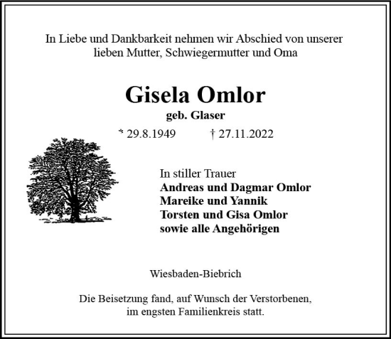 Traueranzeige von Gisela Omlor von vrm-trauer Wiesbadener Kurier