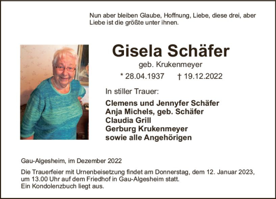 Traueranzeige von Gisela Schäfer von vrm-trauer Allgemeine  Zeitung Ingelheim-Bingen